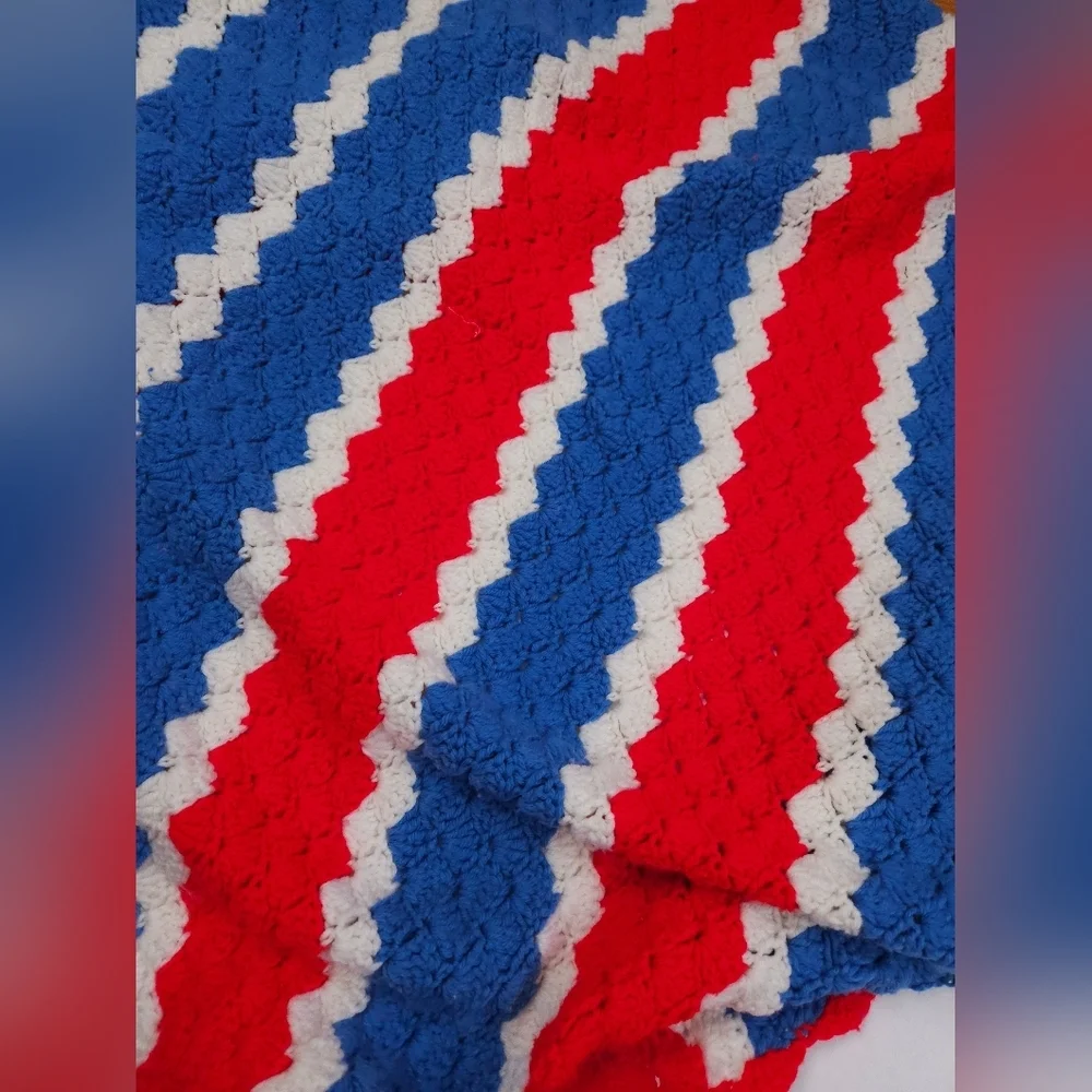 Handmade Vintage Crocheted Blanket Afghan Red White Blue Stripes 69x40 Inches